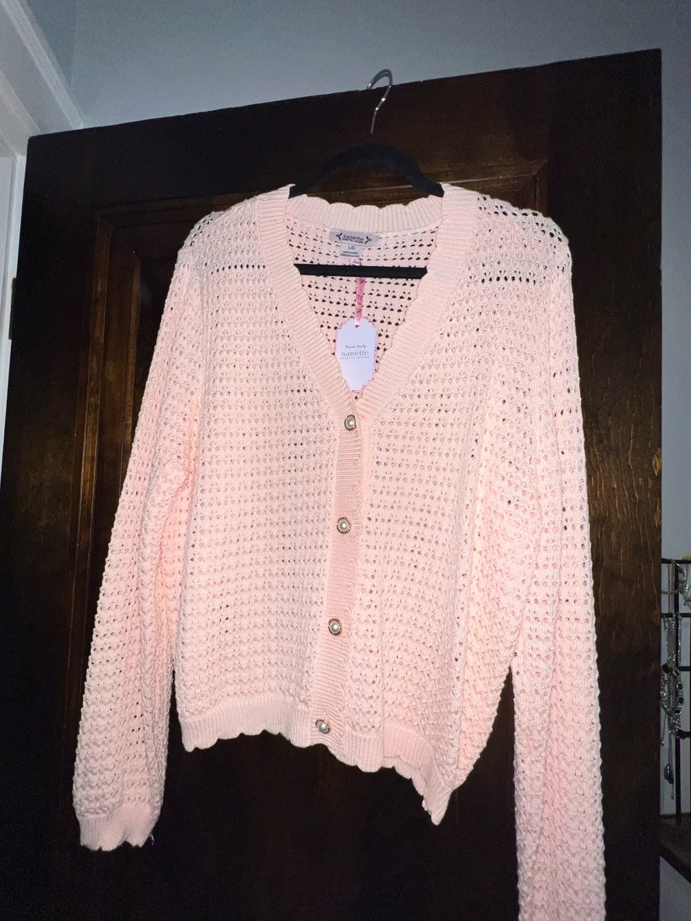 Nannette Pale Pink Crochet Button-Front Cardigan
